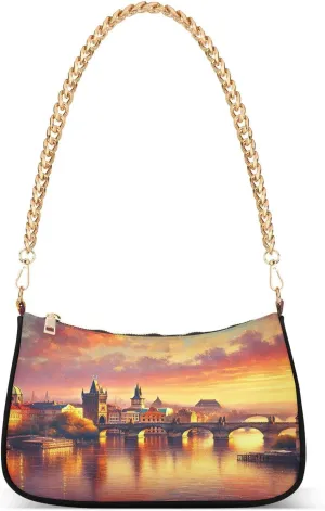 River Bridge Romantic Shoulder Bag Tote Handbag Clutch Purse for Women Chain Small Purse with Zipper Closure Gift
