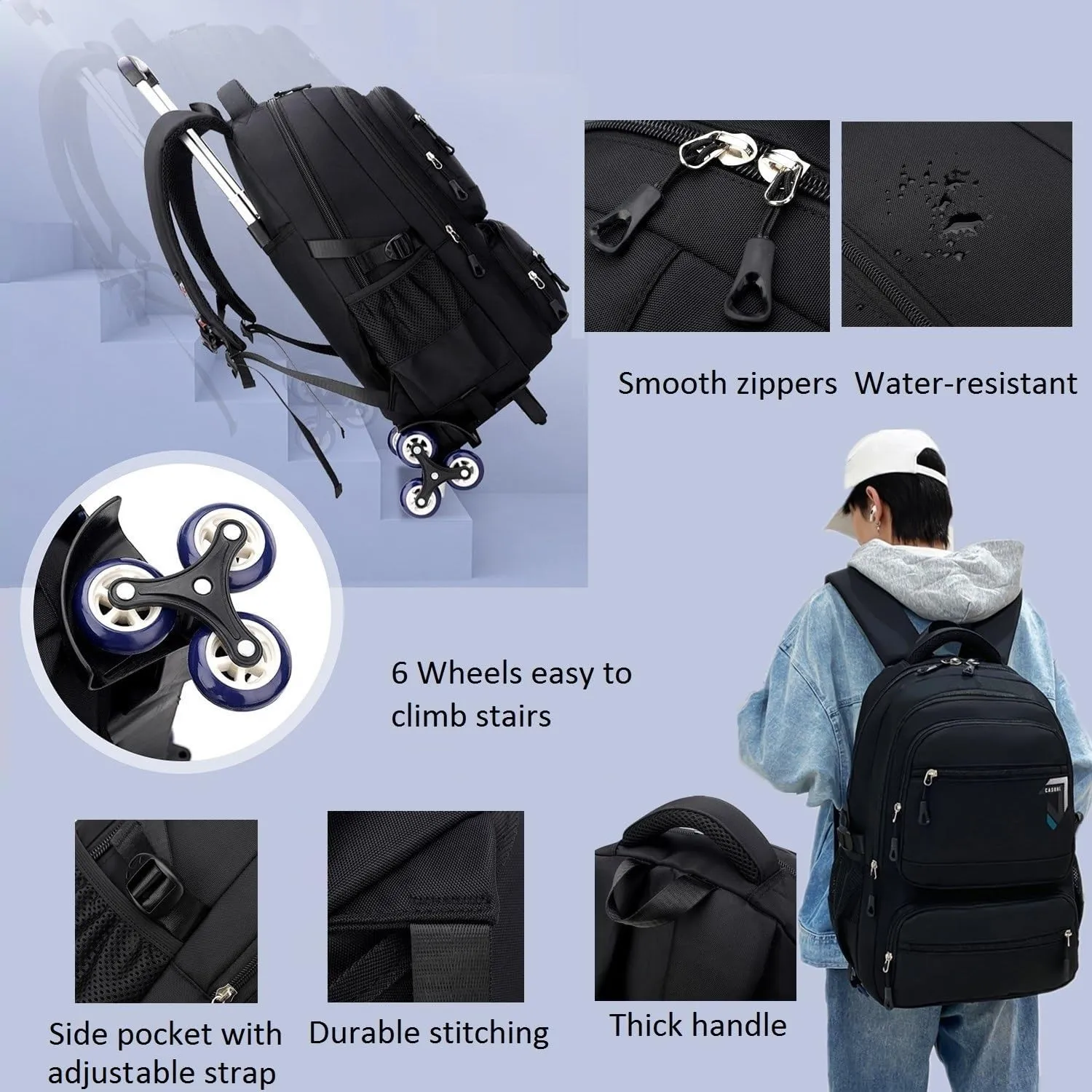 Rolling Backpack for Boys Backpack with Wheels Roller Laptop School Bag Trolley Bookbag