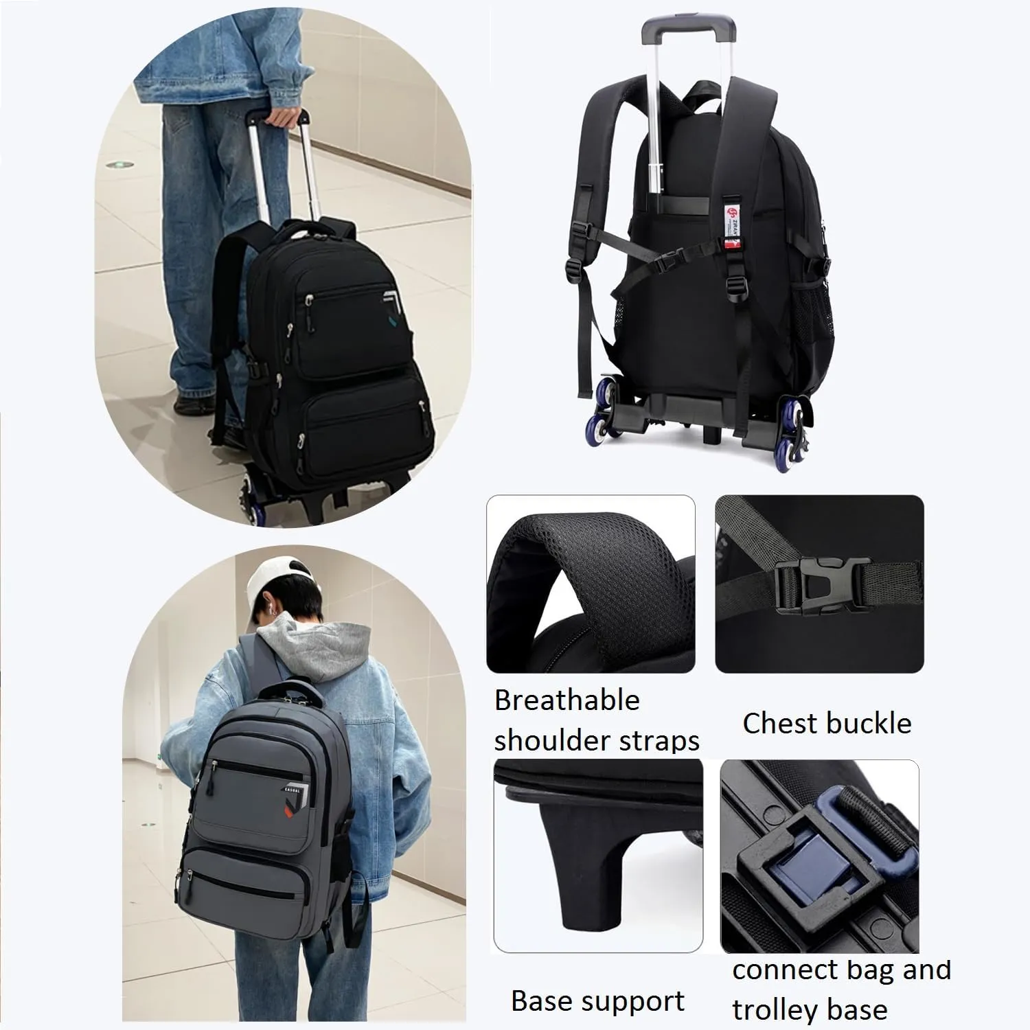 Rolling Backpack for Boys Backpack with Wheels Roller Laptop School Bag Trolley Bookbag