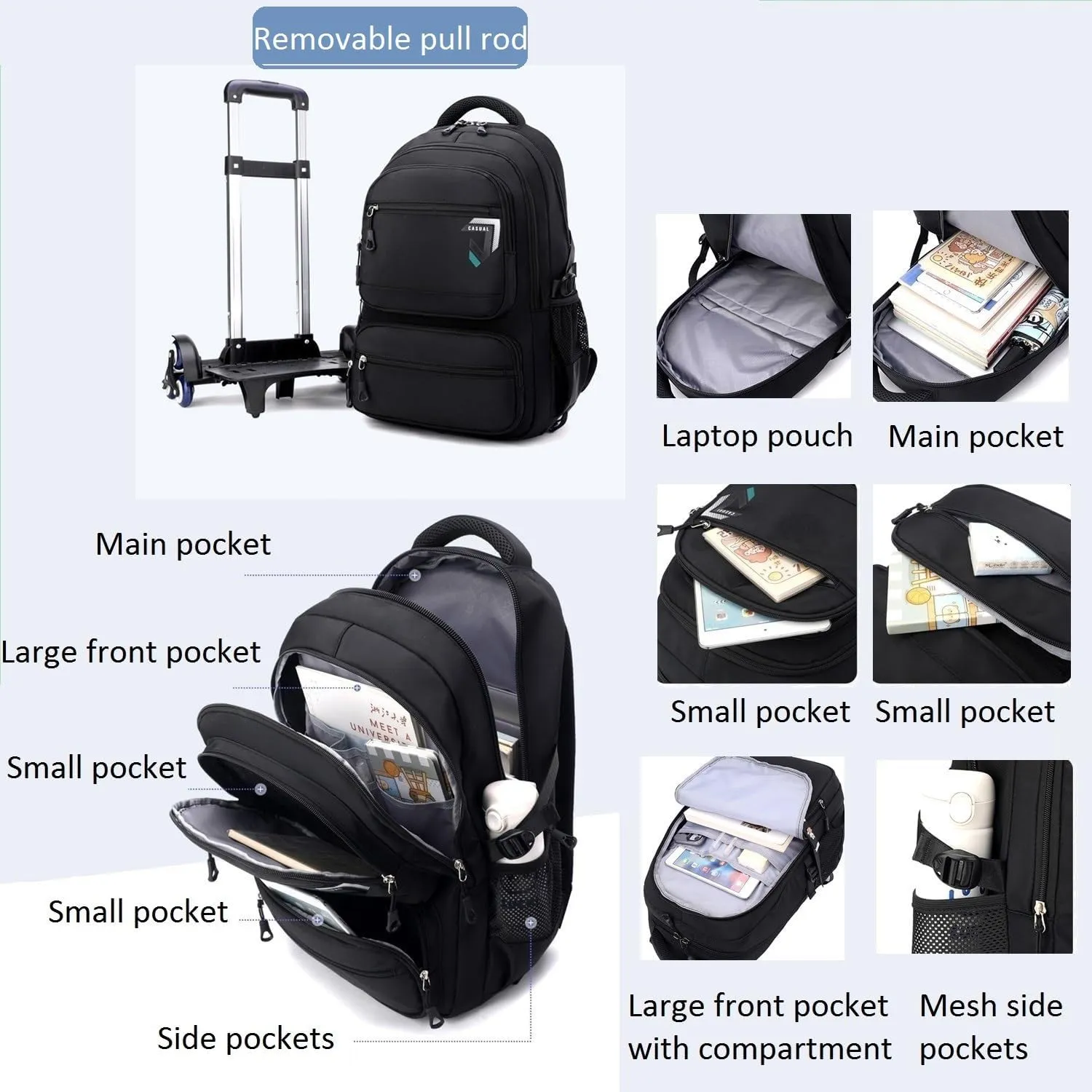 Rolling Backpack for Boys Backpack with Wheels Roller Laptop School Bag Trolley Bookbag