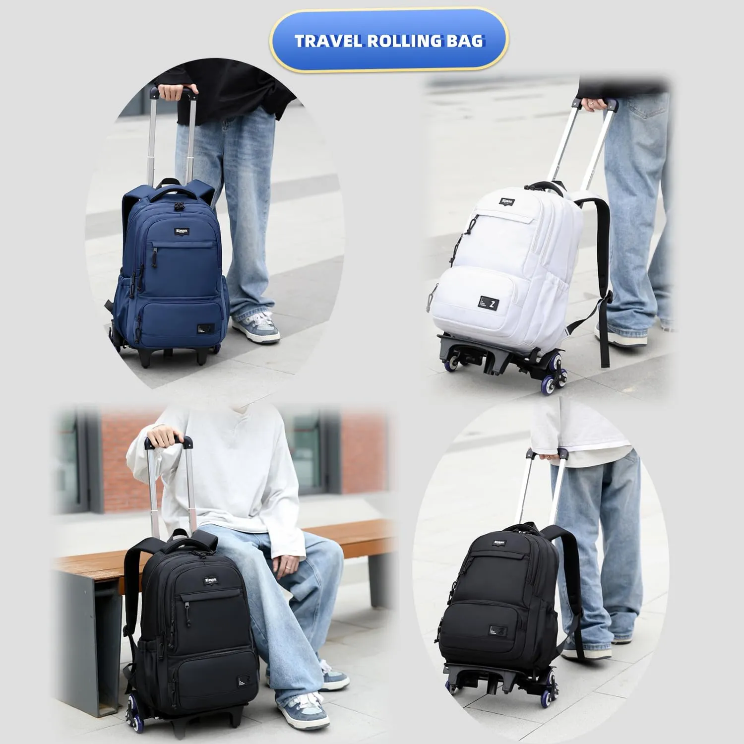 Rolling Backpack for Boys with 6 Wheels Roller Backpack Wheeled School Bag for Teen Boys Blue