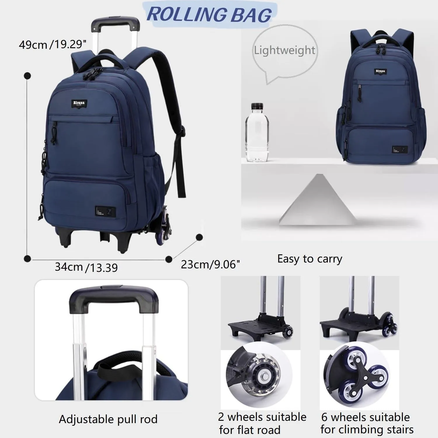 Rolling Backpack for Boys with 6 Wheels Roller Backpack Wheeled School Bag for Teen Boys Blue