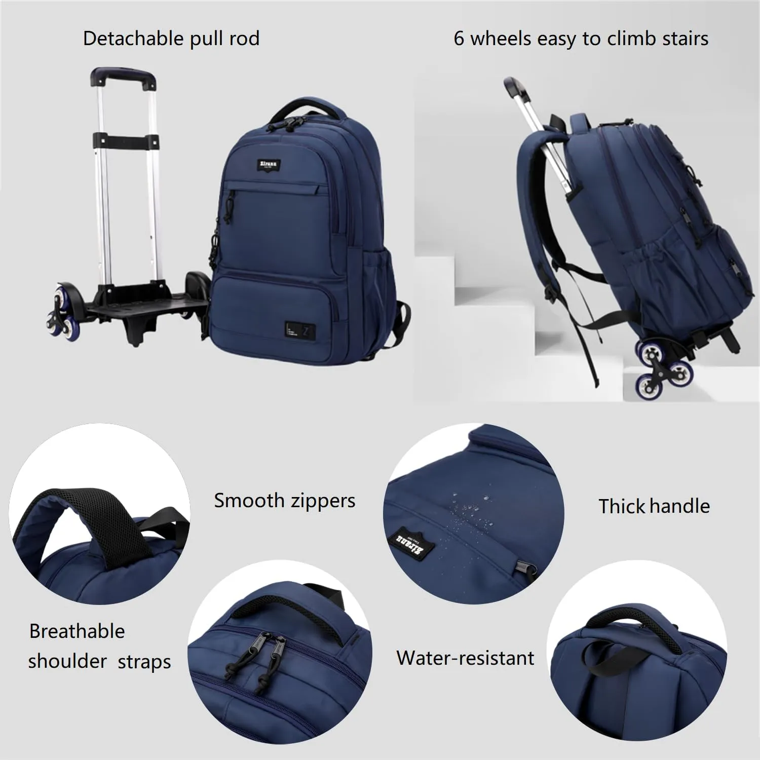 Rolling Backpack for Boys with 6 Wheels Roller Backpack Wheeled School Bag for Teen Boys Blue
