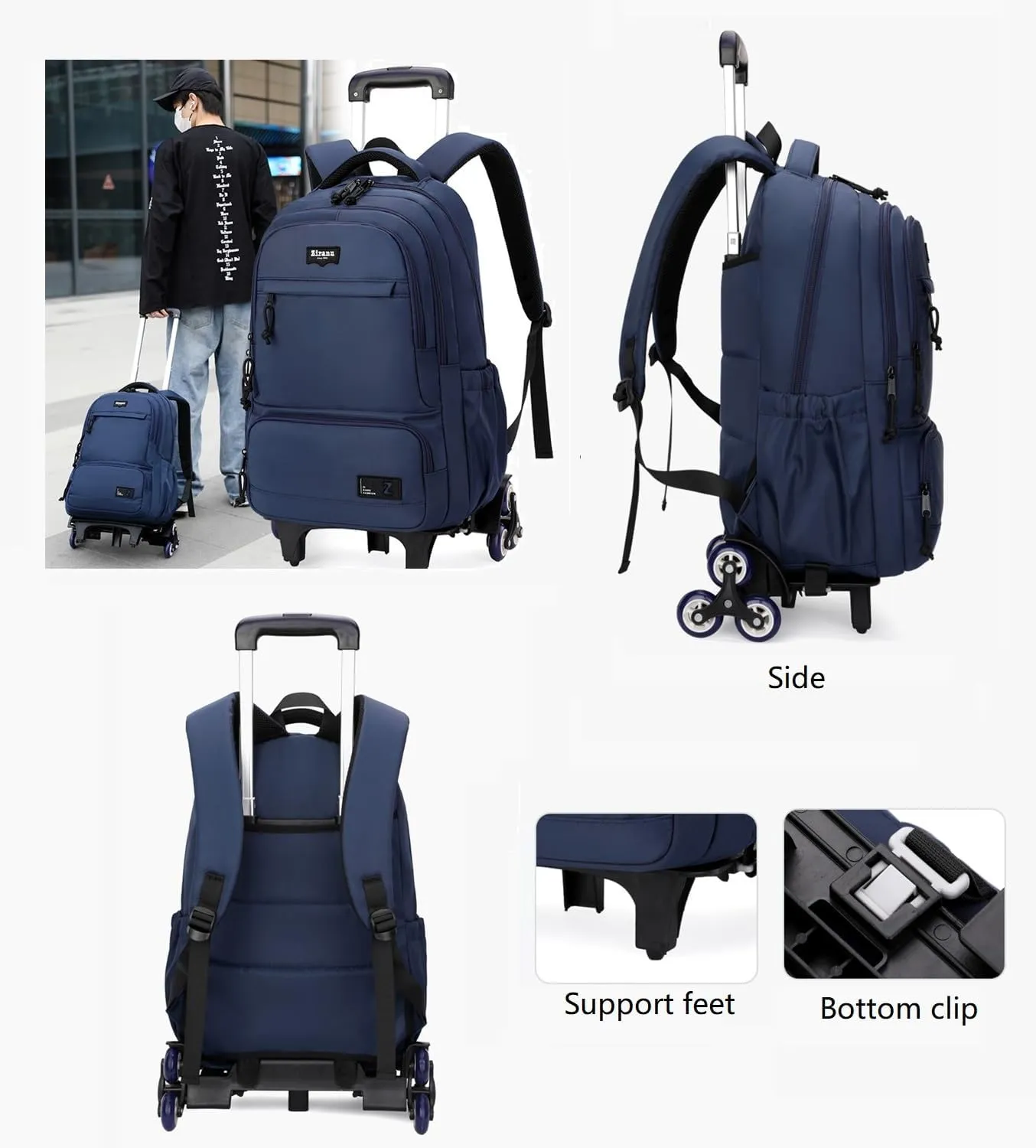 Rolling Backpack for Boys with 6 Wheels Roller Backpack Wheeled School Bag for Teen Boys Blue