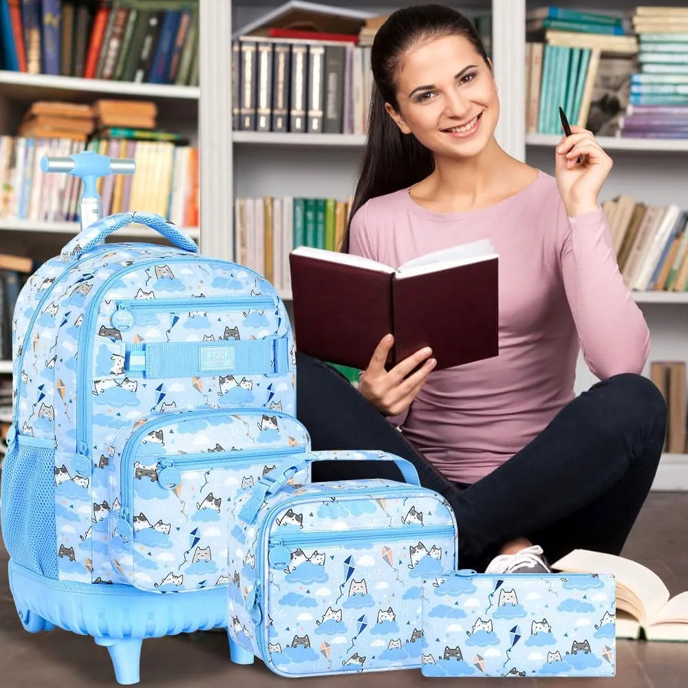 Rolling Backpack for Girls and Womens, 3PCS Roller Bookbag with Lunch Bag for Kids, Wheeled School Bag for Children - Blue Cloud Cat