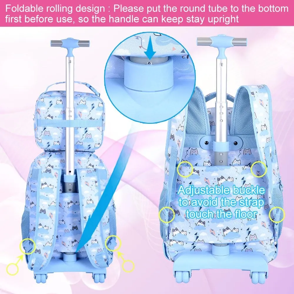 Rolling Backpack for Girls and Womens, 3PCS Roller Bookbag with Lunch Bag for Kids, Wheeled School Bag for Children - Blue Cloud Cat