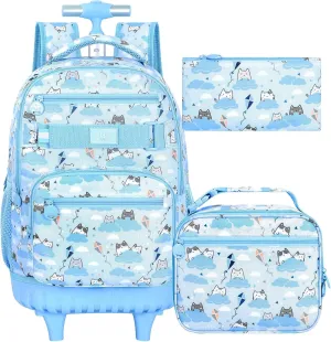 Rolling Backpack for Girls and Womens, 3PCS Roller Bookbag with Lunch Bag for Kids, Wheeled School Bag for Children - Blue Cloud Cat