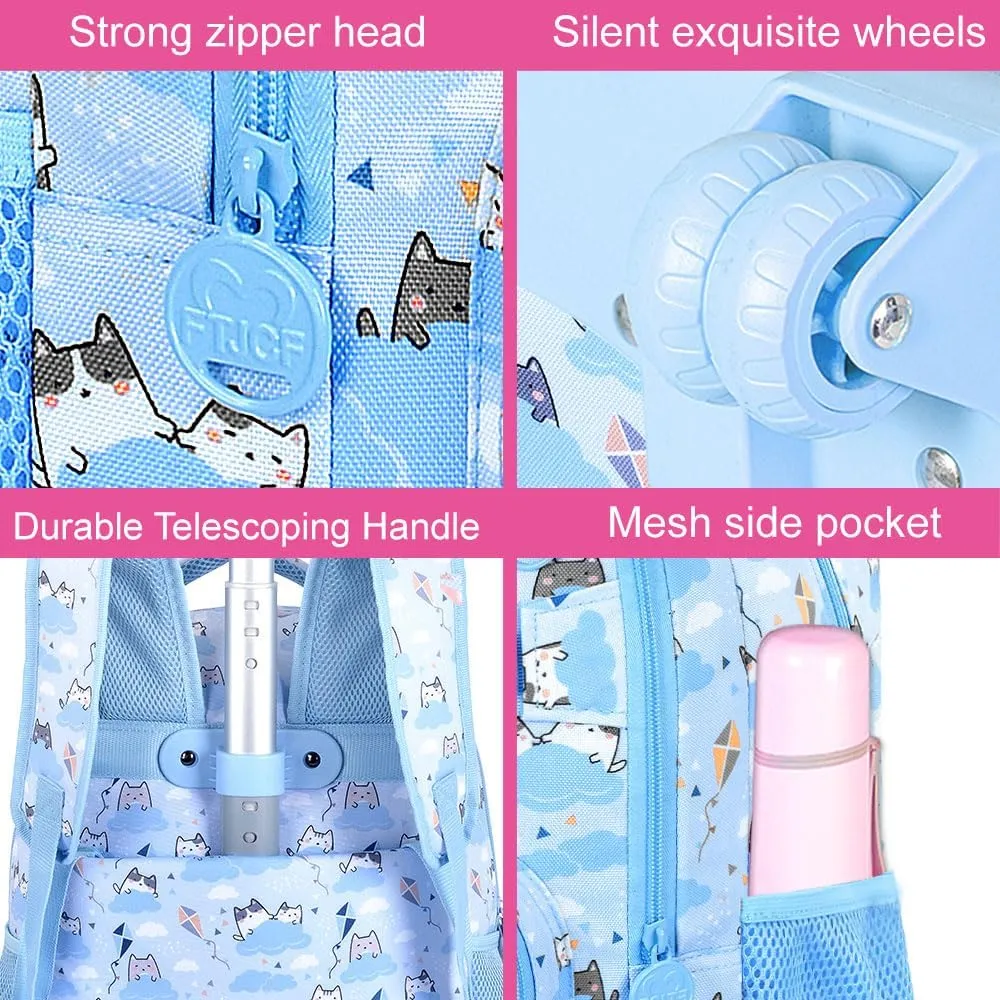 Rolling Backpack for Girls and Womens, 3PCS Roller Bookbag with Lunch Bag for Kids, Wheeled School Bag for Children - Blue Cloud Cat