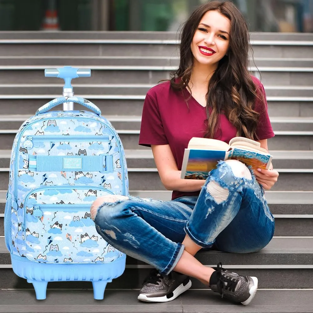 Rolling Backpack for Girls and Womens, 3PCS Roller Bookbag with Lunch Bag for Kids, Wheeled School Bag for Children - Blue Cloud Cat