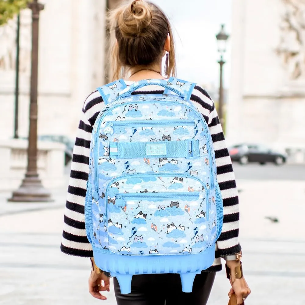 Rolling Backpack for Girls and Womens, 3PCS Roller Bookbag with Lunch Bag for Kids, Wheeled School Bag for Children - Blue Cloud Cat