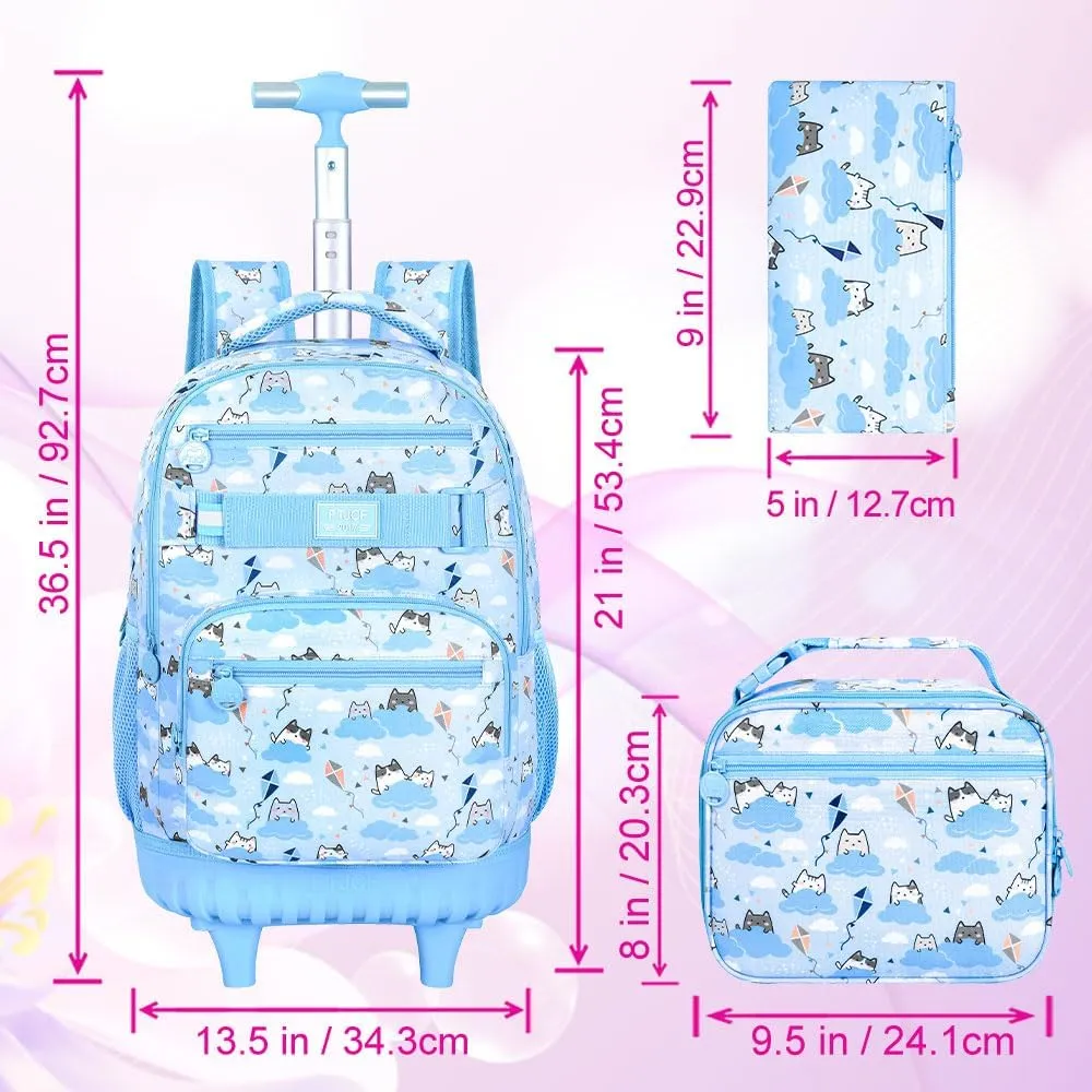Rolling Backpack for Girls and Womens, 3PCS Roller Bookbag with Lunch Bag for Kids, Wheeled School Bag for Children - Blue Cloud Cat