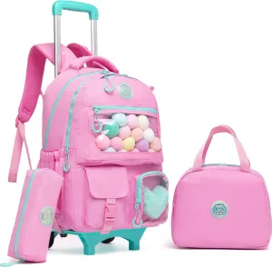 Rolling Backpack for Girls Kids Luggage with Wheels for Teen girls Rolling Bag for Elementary Student with Lunch Box.