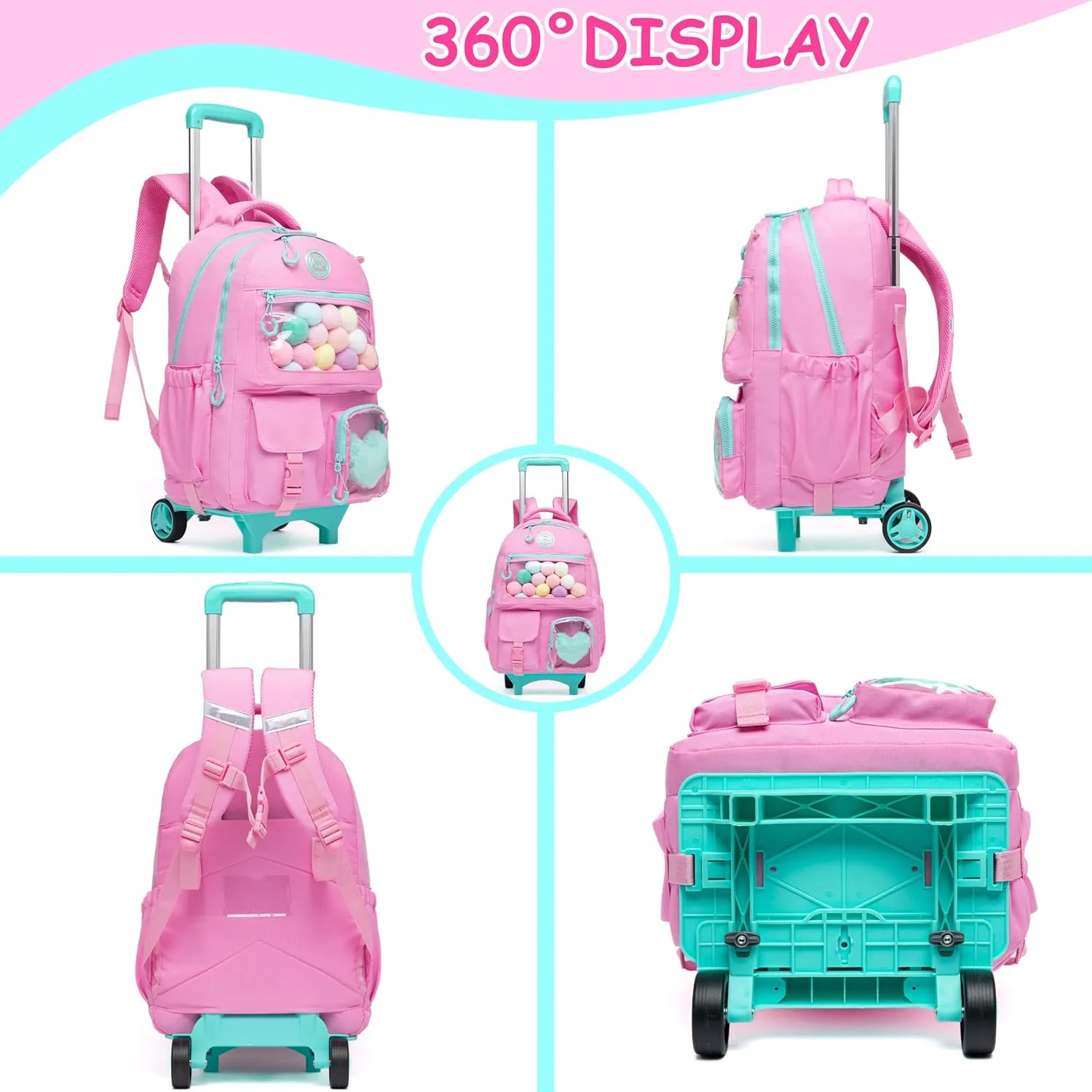 Rolling Backpack for Girls Kids Luggage with Wheels for Teen girls Rolling Bag for Elementary Student with Lunch Box.