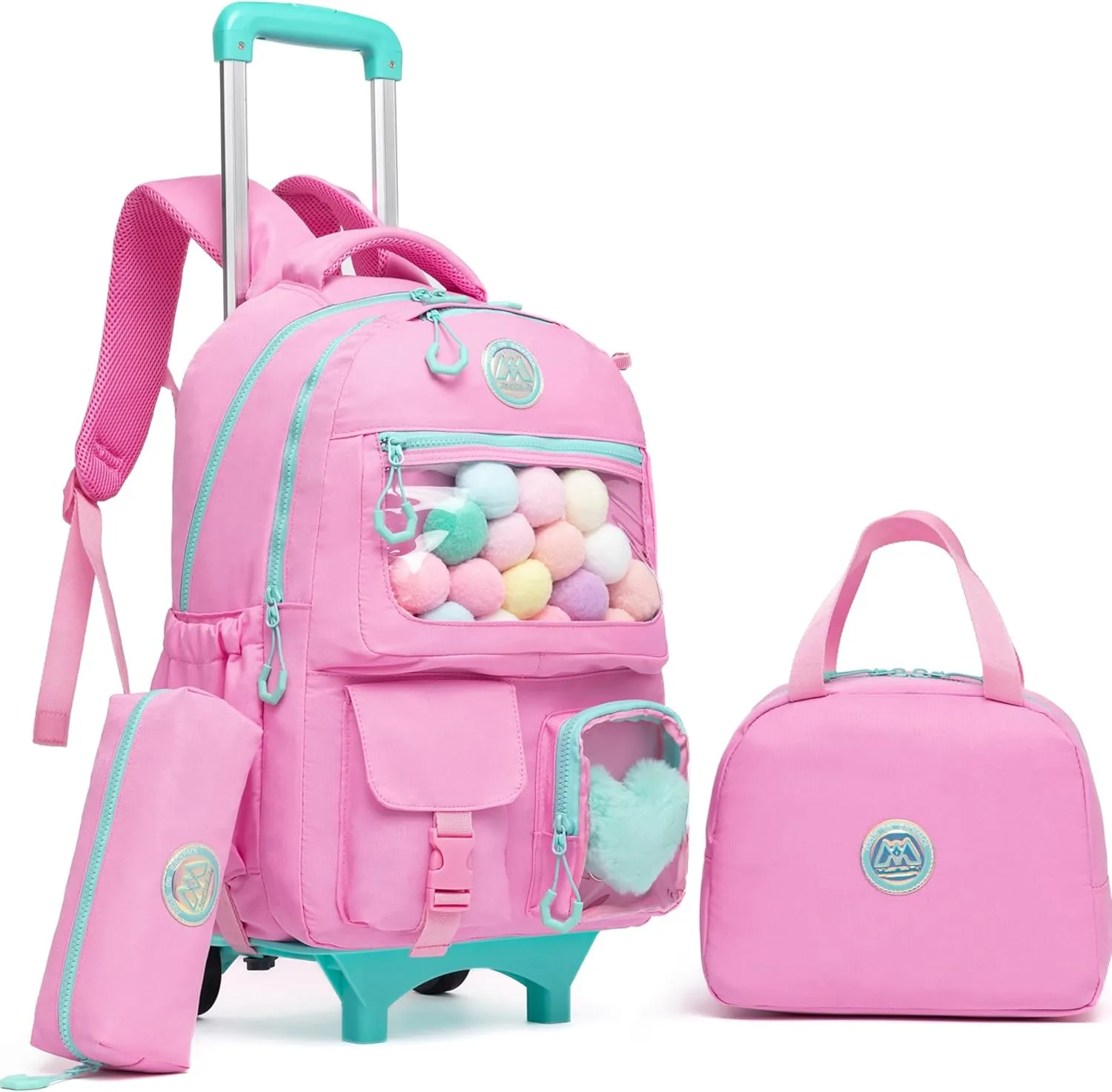 Rolling Backpack for Girls Kids Luggage with Wheels for Teen girls Rolling Bag for Elementary Student with Lunch Box.