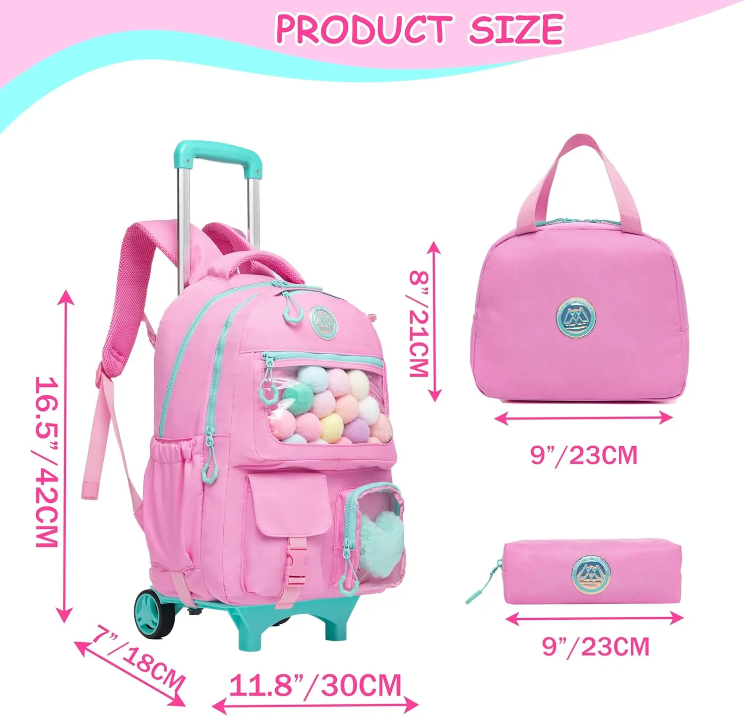 Rolling Backpack for Girls Kids Luggage with Wheels for Teen girls Rolling Bag for Elementary Student with Lunch Box.
