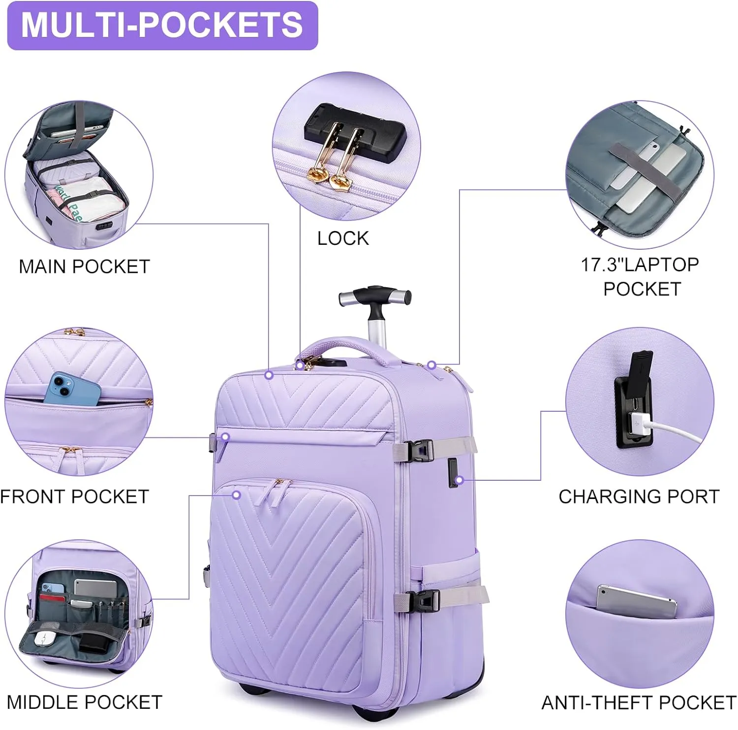 Rolling Backpack for Women, 20inch Wheeled Backpack with Anti-theft Layer, Laptop Backpack With USB Port & Lock, Waterproof Business Travel Backpack with 6 Bags, Purple