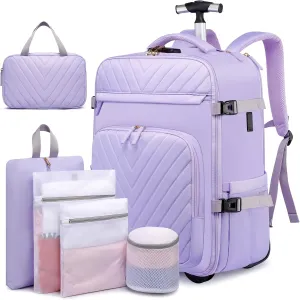 Rolling Backpack for Women, 20inch Wheeled Backpack with Anti-theft Layer, Laptop Backpack With USB Port & Lock, Waterproof Business Travel Backpack with 6 Bags, Purple