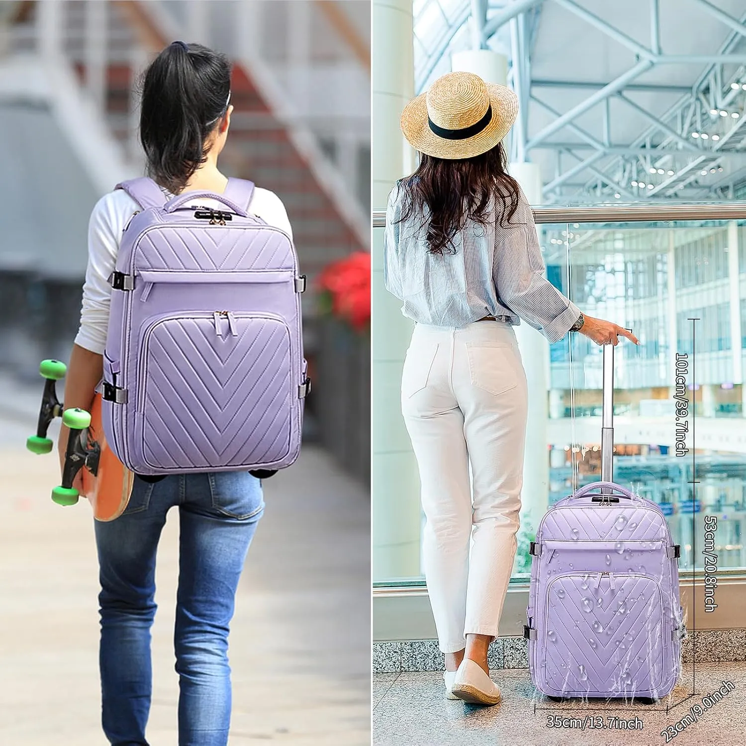Rolling Backpack for Women, 20inch Wheeled Backpack with Anti-theft Layer, Laptop Backpack With USB Port & Lock, Waterproof Business Travel Backpack with 6 Bags, Purple