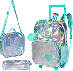 Rolling Backpack Set for Kindergarten, Girls Travel Roller School Bag with Wheels Kids Suitcase Luggage