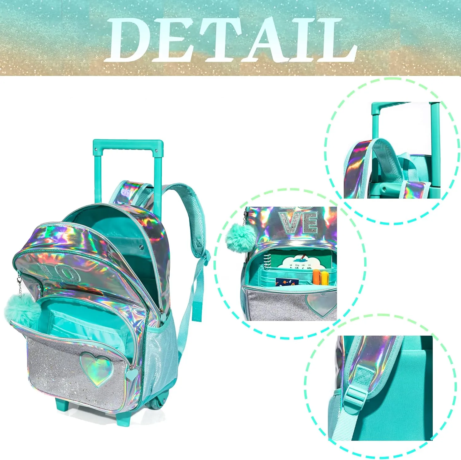 Rolling Backpack Set for Kindergarten, Girls Travel Roller School Bag with Wheels Kids Suitcase Luggage