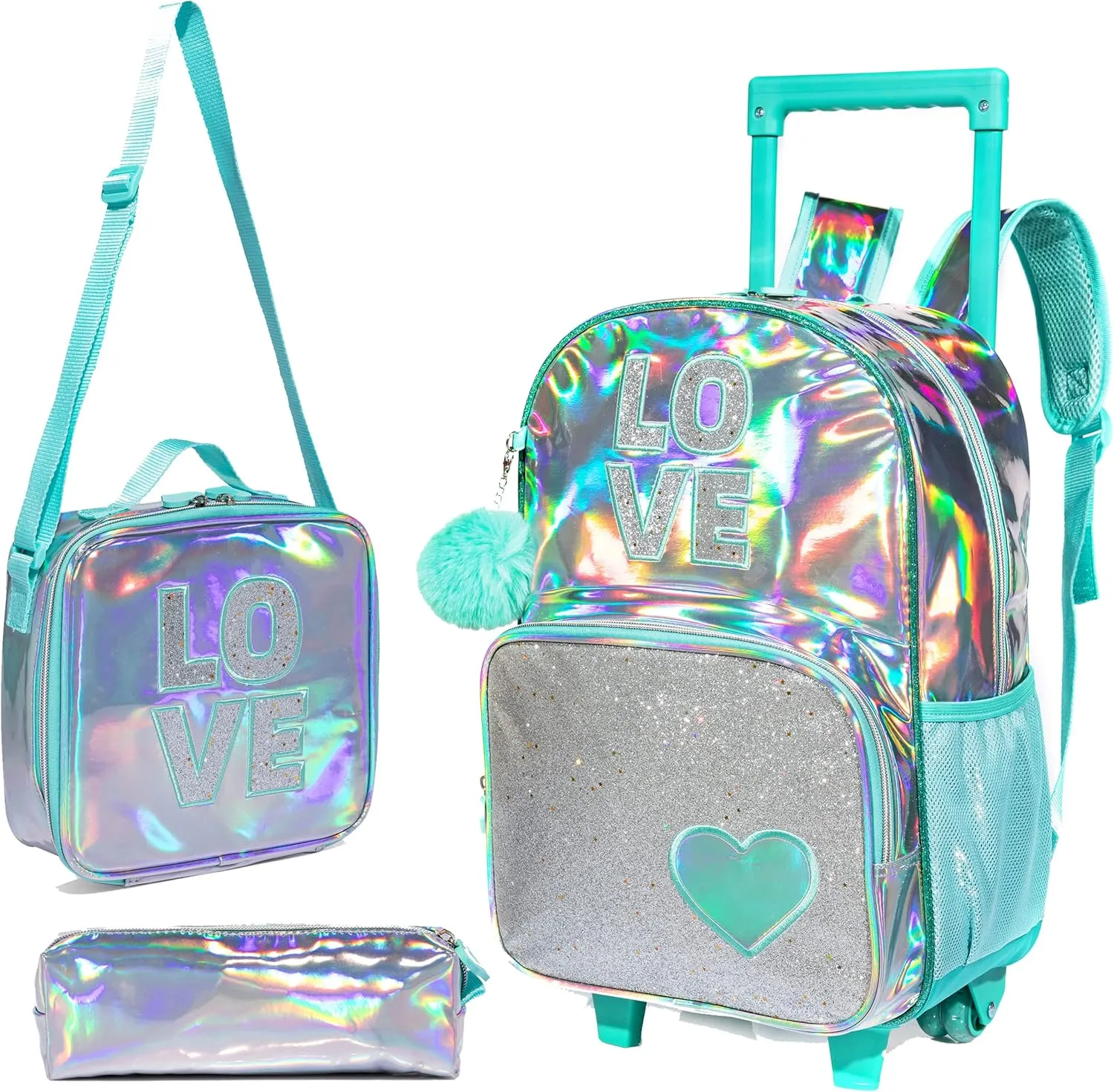 Rolling Backpack Set for Kindergarten, Girls Travel Roller School Bag with Wheels Kids Suitcase Luggage