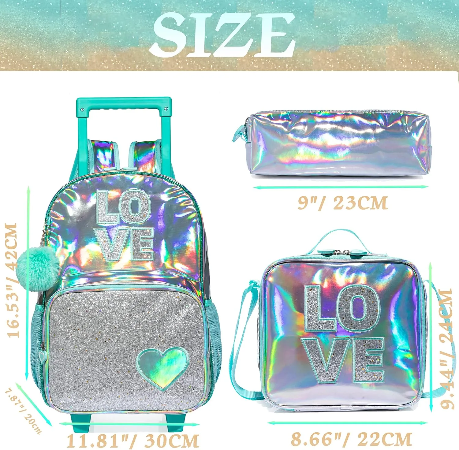 Rolling Backpack Set for Kindergarten, Girls Travel Roller School Bag with Wheels Kids Suitcase Luggage