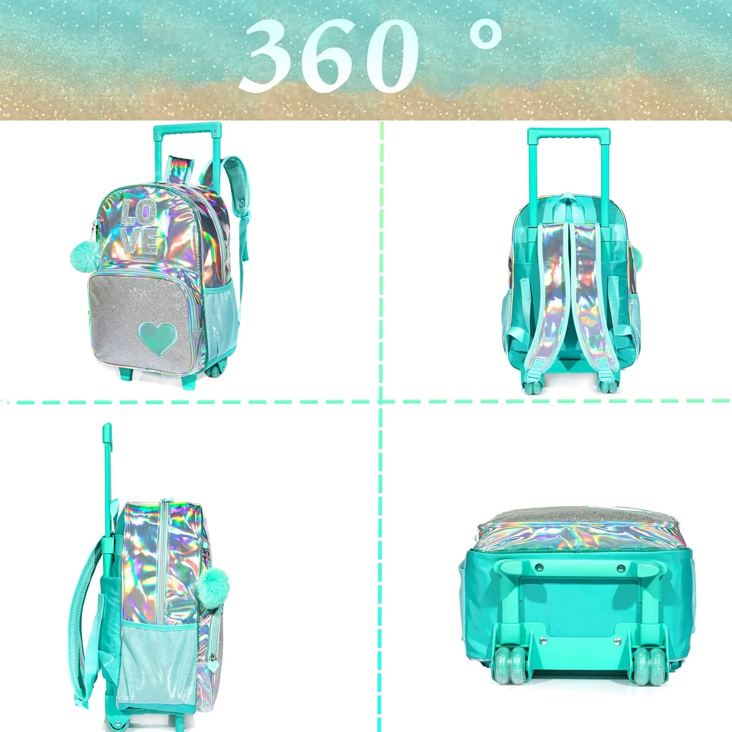 Rolling Backpack Set for Kindergarten, Girls Travel Roller School Bag with Wheels Kids Suitcase Luggage