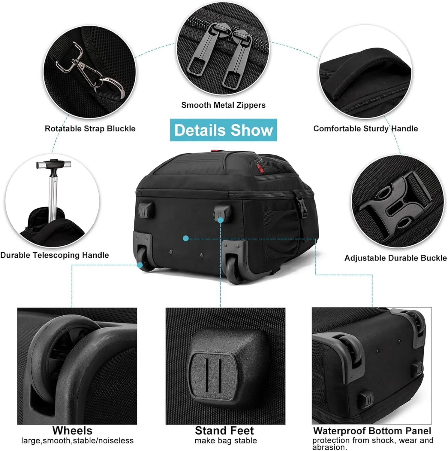 Rolling Backpack,18 inch Laptop Backpack with Wheels for Adults,Large Water Resistant Wheeled Backpack for Travel Carry on Trolley Luggage Suitcase College Business Computer Bag for Men Women, Black