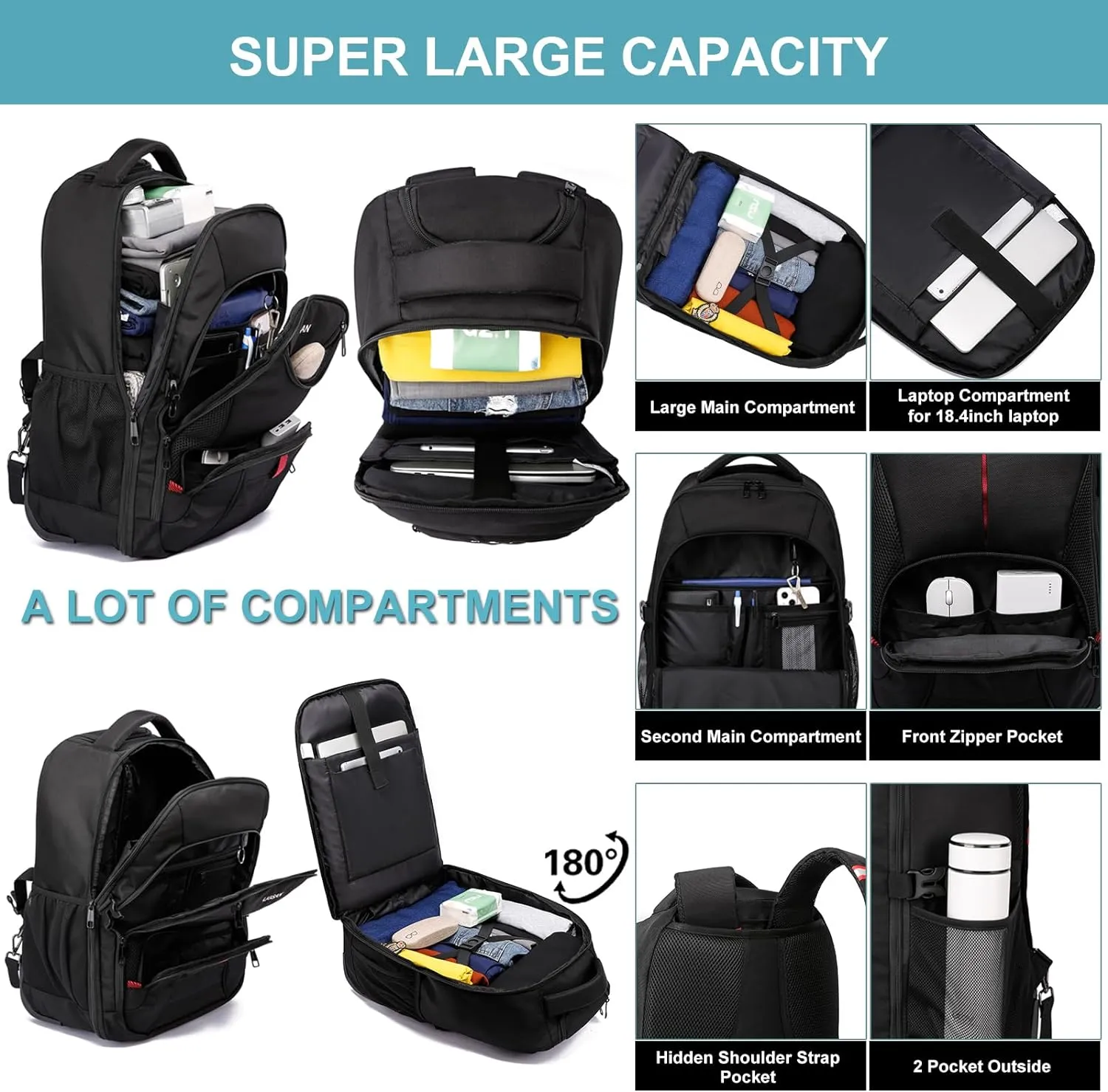 Rolling Backpack,18 inch Laptop Backpack with Wheels for Adults,Large Water Resistant Wheeled Backpack for Travel Carry on Trolley Luggage Suitcase College Business Computer Bag for Men Women, Black