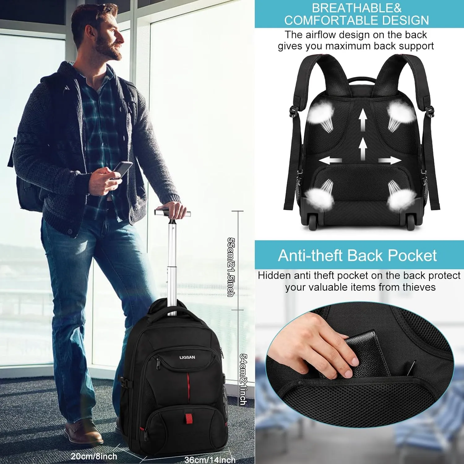 Rolling Backpack,18 inch Laptop Backpack with Wheels for Adults,Large Water Resistant Wheeled Backpack for Travel Carry on Trolley Luggage Suitcase College Business Computer Bag for Men Women, Black