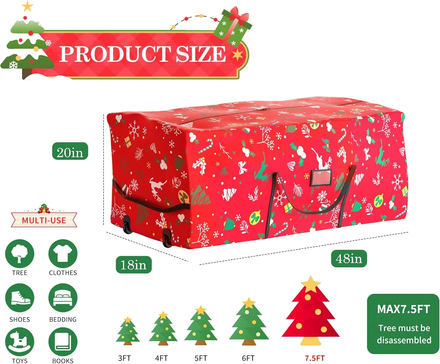 Rolling Christmas Tree Storage Bag - 7.5 Ft Xmas Tree Storage Bag for Artificial Trees，600D Waterproof Oxford，Dual Zippered with Durable Wheels & Handles, Dolly-Style Duffle Xmas Storage Container