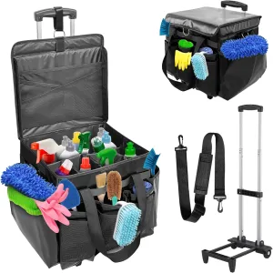 Rolling Cleaning Bag with Detachable Trolley,Household Cleaning Supply Organizer,Cleaning Carts On Wheels Easy-to-Clean, Heavy-Duty Fabrics(Black)