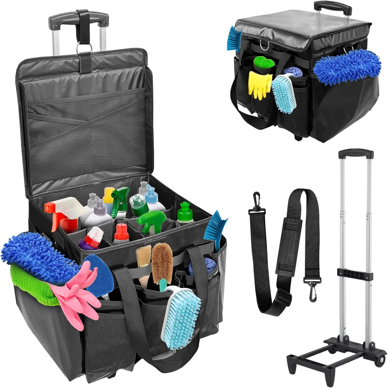 Rolling Cleaning Bag with Detachable Trolley,Household Cleaning Supply Organizer,Cleaning Carts On Wheels Easy-to-Clean, Heavy-Duty Fabrics(Black)