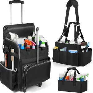 Rolling Cleaning Caddy Bag with Detachable Trolley for Cleaning Supplies, 3 in 1 Large Cleaning Bag with Wheels Shoulder Strap Handle, Large Capacity with Multi-pocket for Housekeeper Cleaner