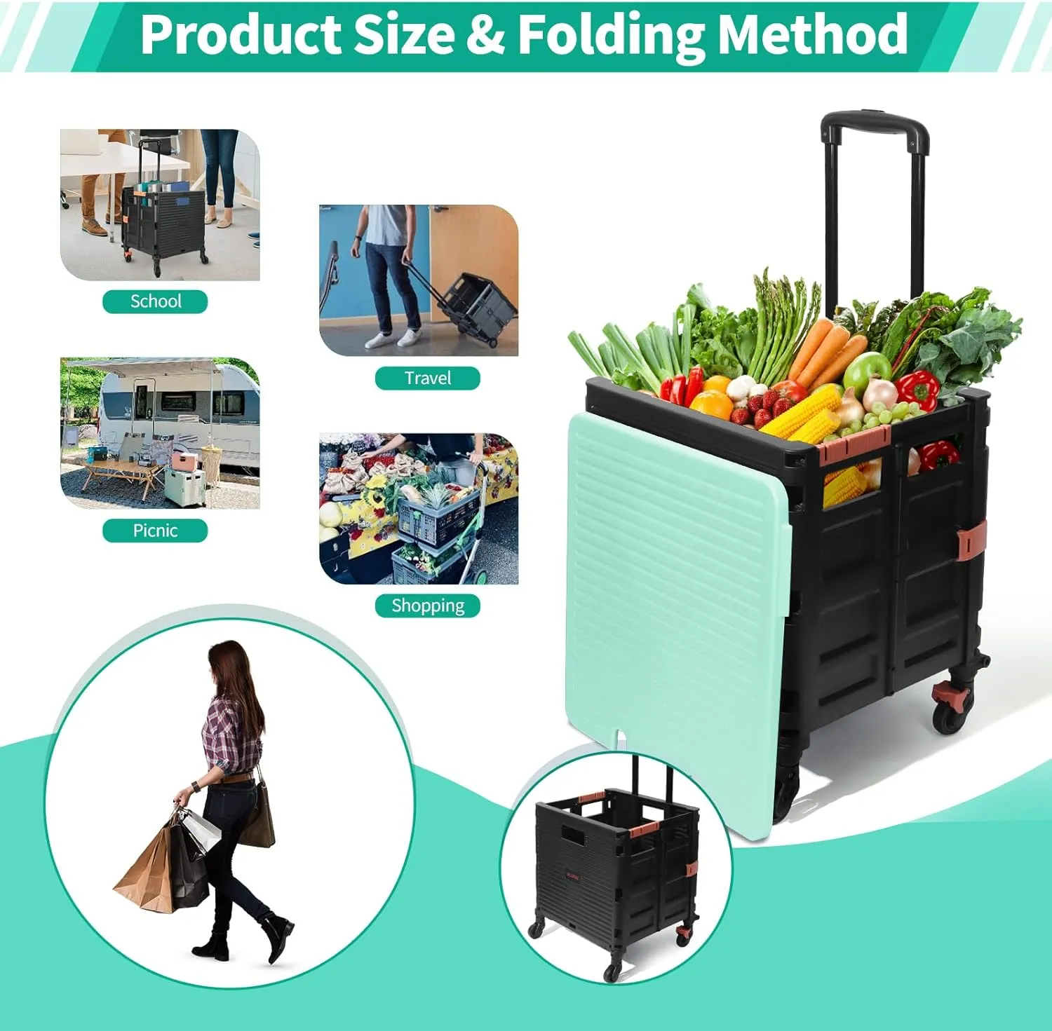 Rolling Crate Utility Cart Collapsible Tote Basket Teacher Cart with Lid Wear-Resistant Noiseless 360°Rotate Wheel Telescoping Handle for Trave Moving Luggage Use(Green,110lbs)