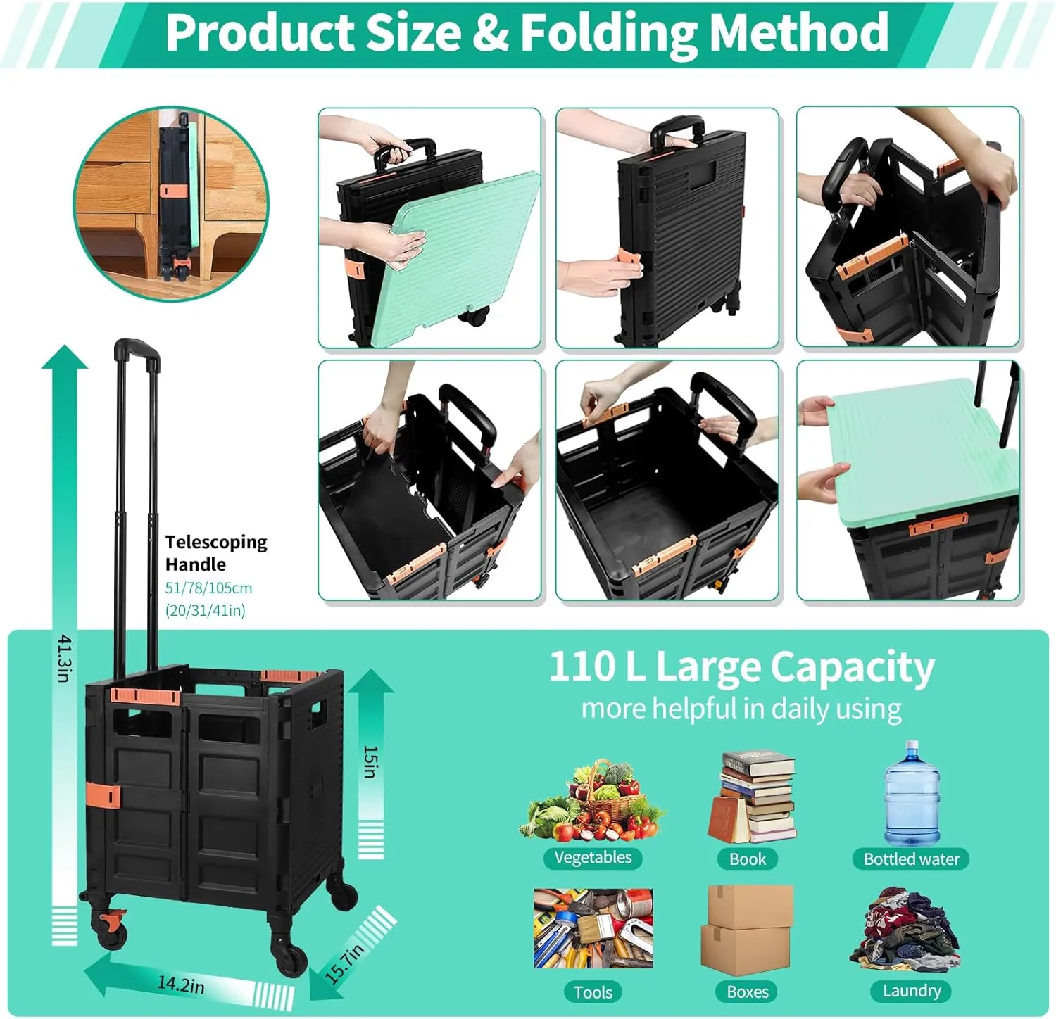Rolling Crate Utility Cart Collapsible Tote Basket Teacher Cart with Lid Wear-Resistant Noiseless 360°Rotate Wheel Telescoping Handle for Trave Moving Luggage Use(Green,110lbs)