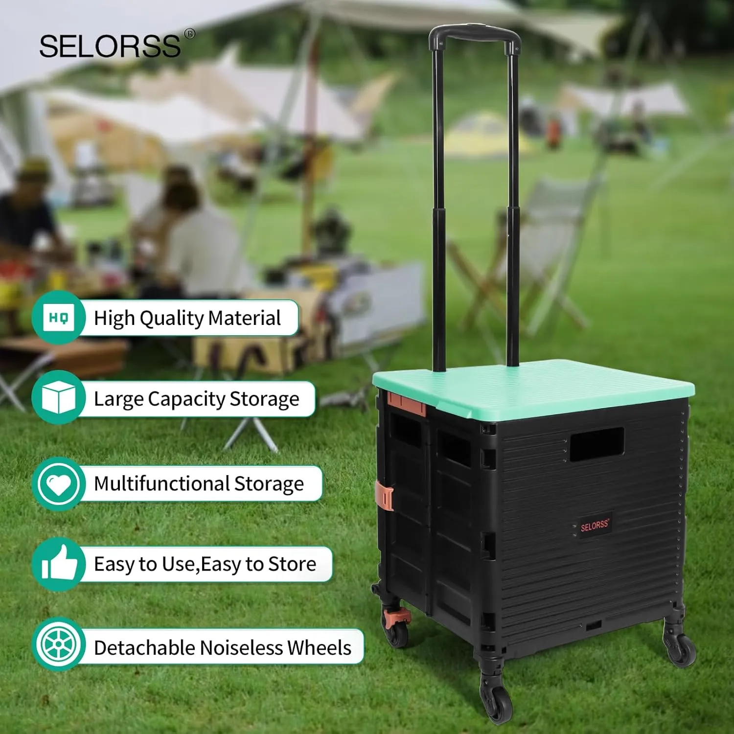 Rolling Crate Utility Cart Collapsible Tote Basket Teacher Cart with Lid Wear-Resistant Noiseless 360°Rotate Wheel Telescoping Handle for Trave Moving Luggage Use(Green,110lbs)