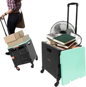 Rolling Crate Utility Cart Collapsible Tote Basket Teacher Cart with Lid Wear-Resistant Noiseless 360°Rotate Wheel Telescoping Handle for Trave Moving Luggage Use(Green,110lbs)