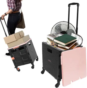 Rolling Crate Utility Cart Collapsible Tote Basket Teacher Cart with Lid Wear-Resistant Noiseless 360°Rotate Wheel Telescoping Handle for Trave Moving Luggage Use(Pink,110lbs)