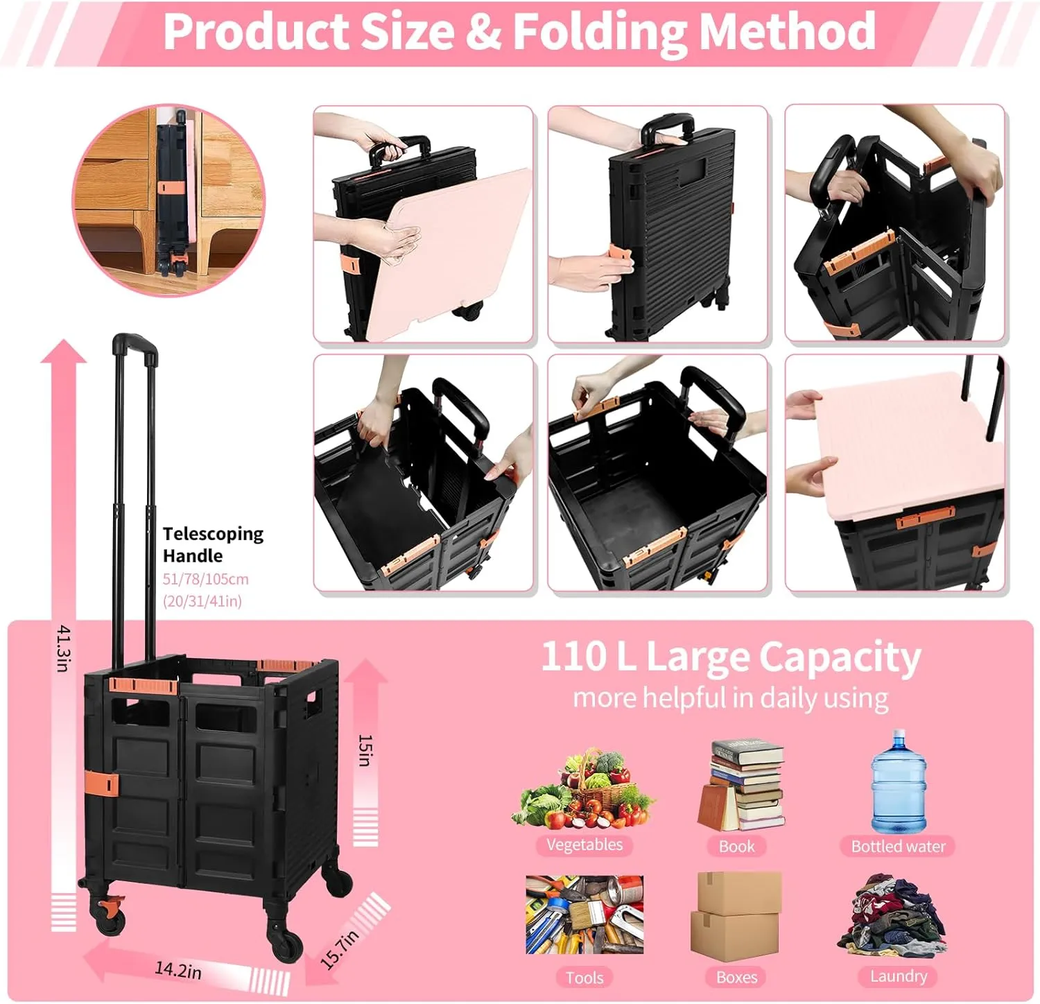 Rolling Crate Utility Cart Collapsible Tote Basket Teacher Cart with Lid Wear-Resistant Noiseless 360°Rotate Wheel Telescoping Handle for Trave Moving Luggage Use(Pink,110lbs)