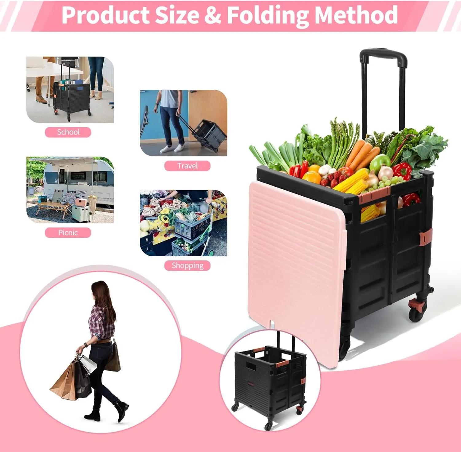 Rolling Crate Utility Cart Collapsible Tote Basket Teacher Cart with Lid Wear-Resistant Noiseless 360°Rotate Wheel Telescoping Handle for Trave Moving Luggage Use(Pink,110lbs)