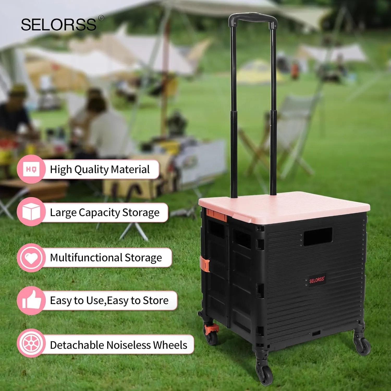 Rolling Crate Utility Cart Collapsible Tote Basket Teacher Cart with Lid Wear-Resistant Noiseless 360°Rotate Wheel Telescoping Handle for Trave Moving Luggage Use(Pink,110lbs)