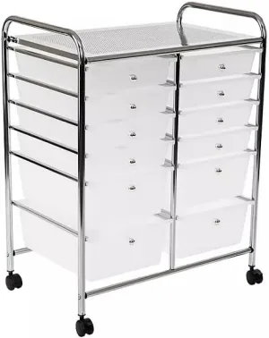 Rolling Drawer Organizer Cart, 12-Drawers, 25.2W x 15.2D x 31.7H inches, for Clothes, Shoes, Handbags, Jewelry, Cosmetics (1 PACK), White/silver, WEB671