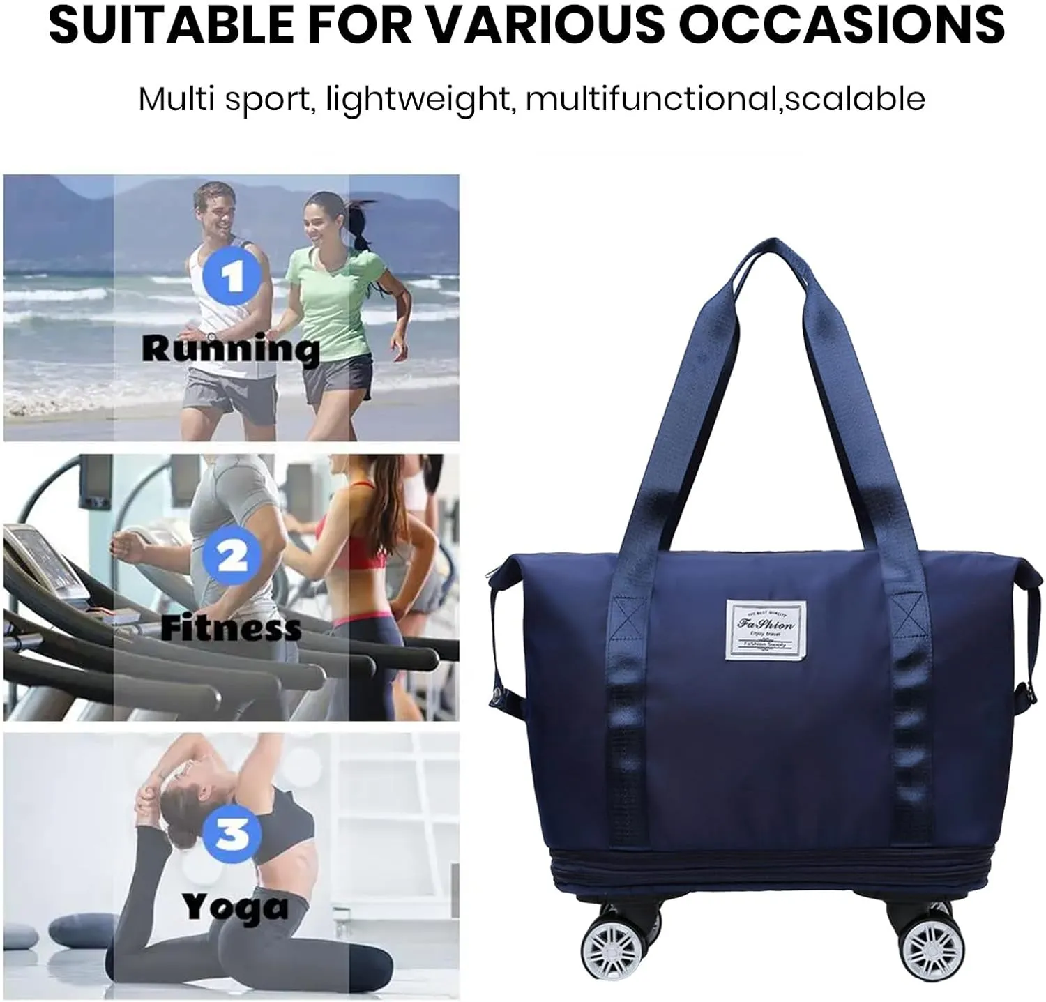 Rolling Duffel Bags with Wheels, Foldable Duffle Bag for Travel, Expandable Luggage Bag, Large Travel Duffle Bag with Detachable Wheels, Waterproof Weekend Bag for Outdoor Gym Travel (Dark Blue)