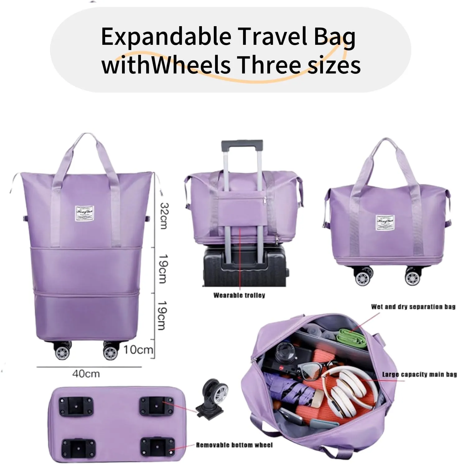 Rolling Duffel Bags with Wheels, Foldable Duffle Bag for Travel, Expandable Luggage Bag, Large Travel Duffle Bag with Detachable Wheels, Waterproof Weekend Bag for Outdoor Gym Travel (Dark Blue)