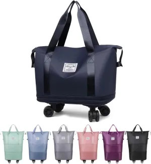 Rolling Duffel Bags with Wheels, Foldable Duffle Bag for Travel, Expandable Luggage Bag, Large Travel Duffle Bag with Detachable Wheels, Waterproof Weekend Bag for Outdoor Gym Travel (Dark Blue)