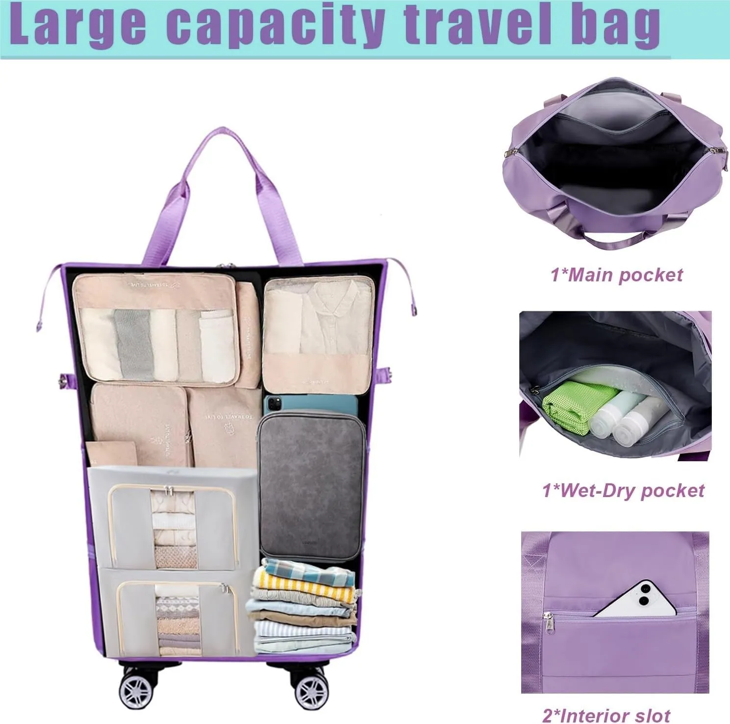Rolling Duffel Bags with Wheels, Foldable Duffle Bag for Travel, Expandable Luggage Bag, Large Travel Duffle Bag with Detachable Wheels, Waterproof Weekend Bag for Outdoor Gym Travel (Dark Blue)