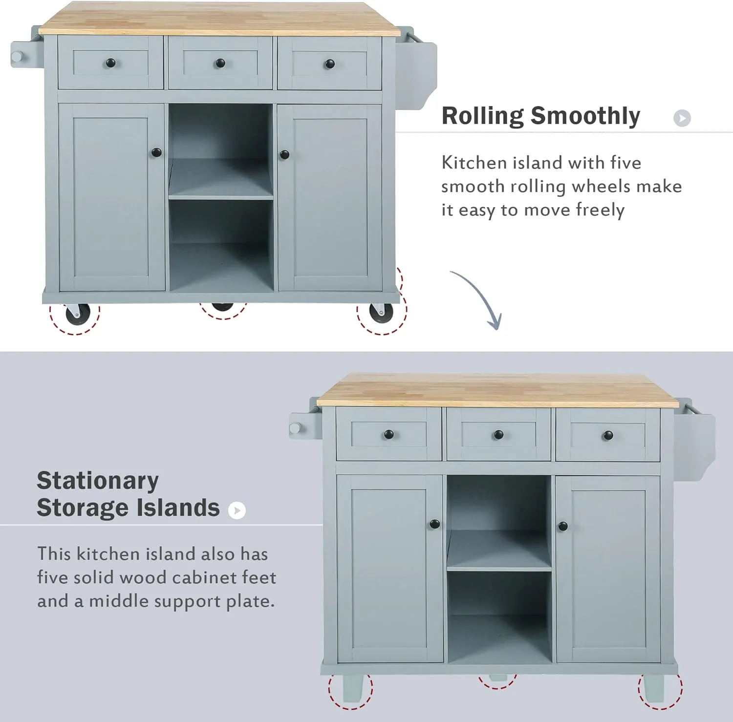 Rolling Kitchen Island Cart on Wheels with Drop-Leaf Cabinet Door Internal Storage Rack, 3 Drawers for Kitchen, Dining Room, Living Room, Home Bar, Bathroom 53.1"W*29.5"D*37.2"H Grey Blue