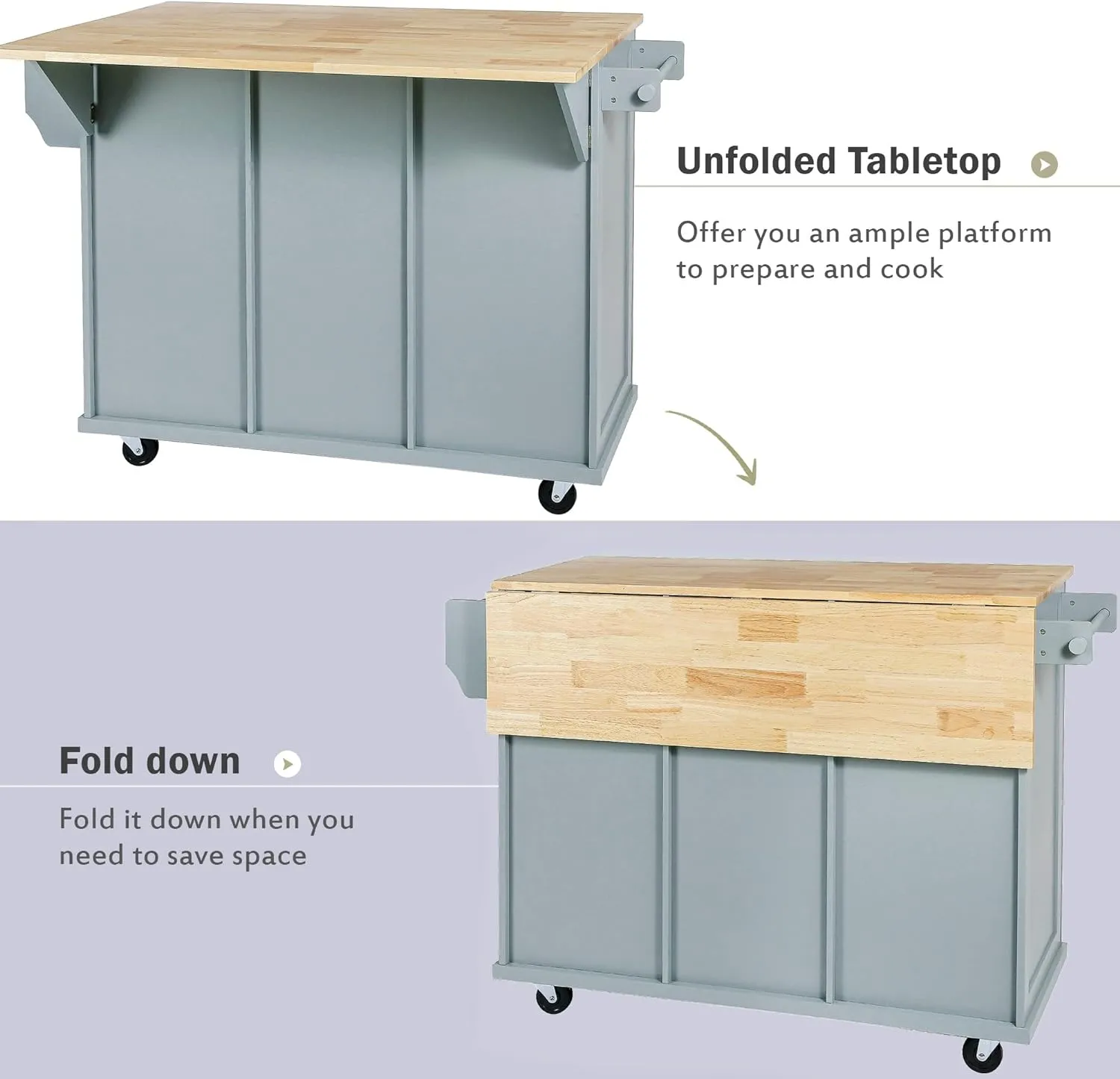 Rolling Kitchen Island Cart on Wheels with Drop-Leaf Cabinet Door Internal Storage Rack, 3 Drawers for Kitchen, Dining Room, Living Room, Home Bar, Bathroom 53.1"W*29.5"D*37.2"H Grey Blue