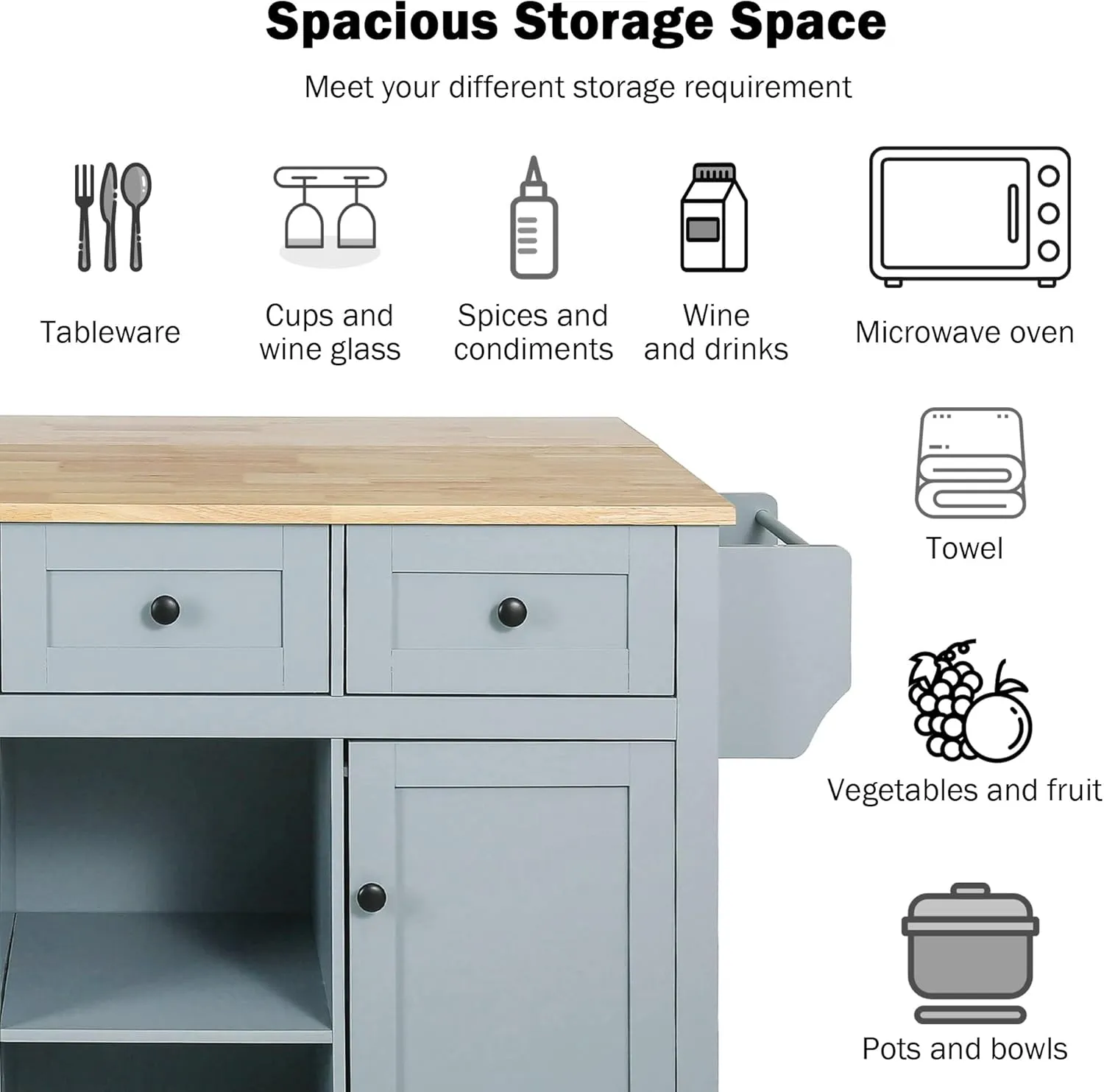 Rolling Kitchen Island Cart on Wheels with Drop-Leaf Cabinet Door Internal Storage Rack, 3 Drawers for Kitchen, Dining Room, Living Room, Home Bar, Bathroom 53.1"W*29.5"D*37.2"H Grey Blue